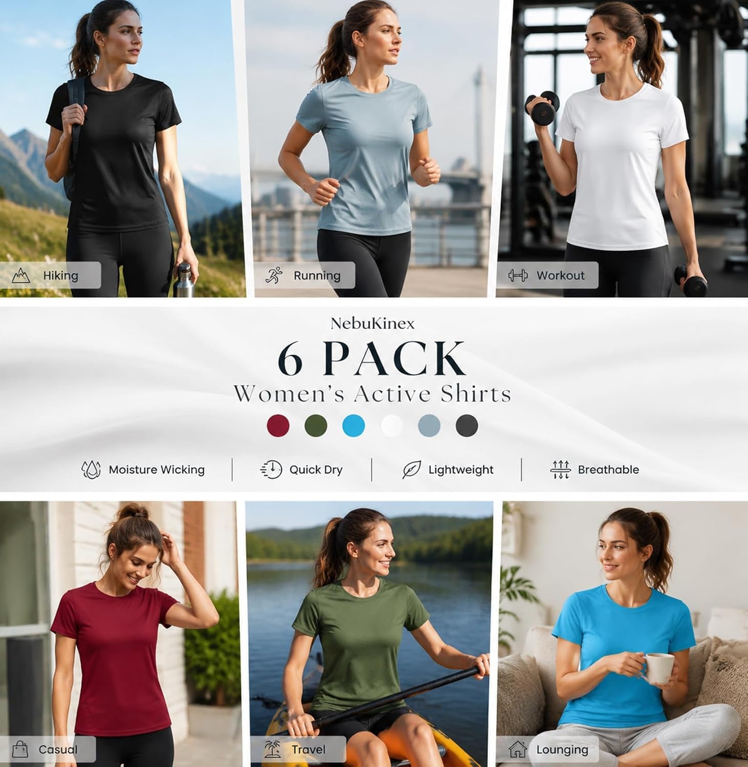 Experience Ultimate Comfort and Style with Our 6 Pack Women's Short Sleeve Workout Tops - Perfect for Tennis, Yoga, and Running with UPF Sun Protection