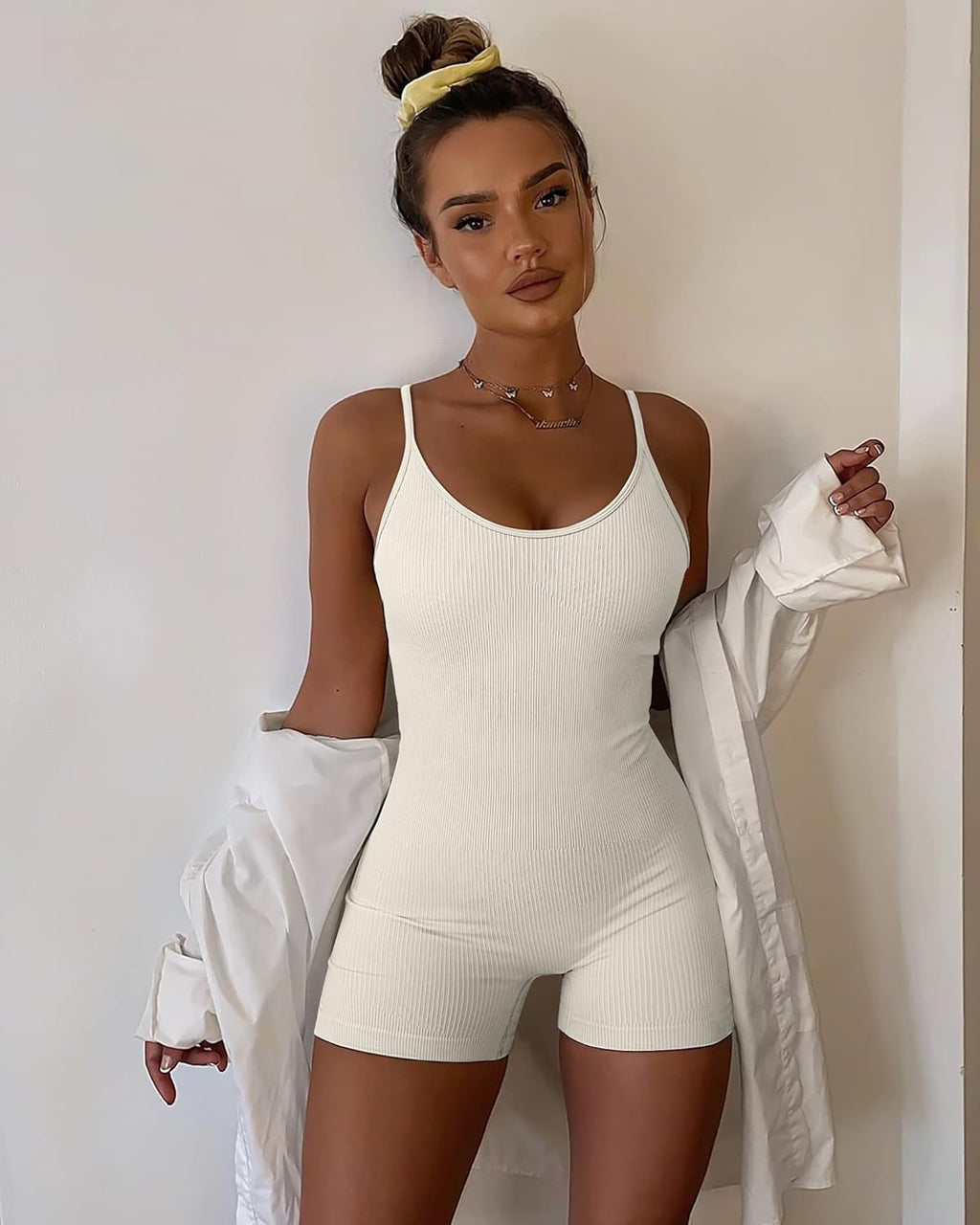 Elevate Your Workout with the YIOIOIO Seamless Yoga Jumpsuit - Stylish Ribbed Bodycon Romper with Spaghetti Straps and Shorts for Women