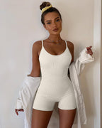 Elevate Your Workout with the YIOIOIO Seamless Yoga Jumpsuit - Stylish Ribbed Bodycon Romper with Spaghetti Straps and Shorts for Women