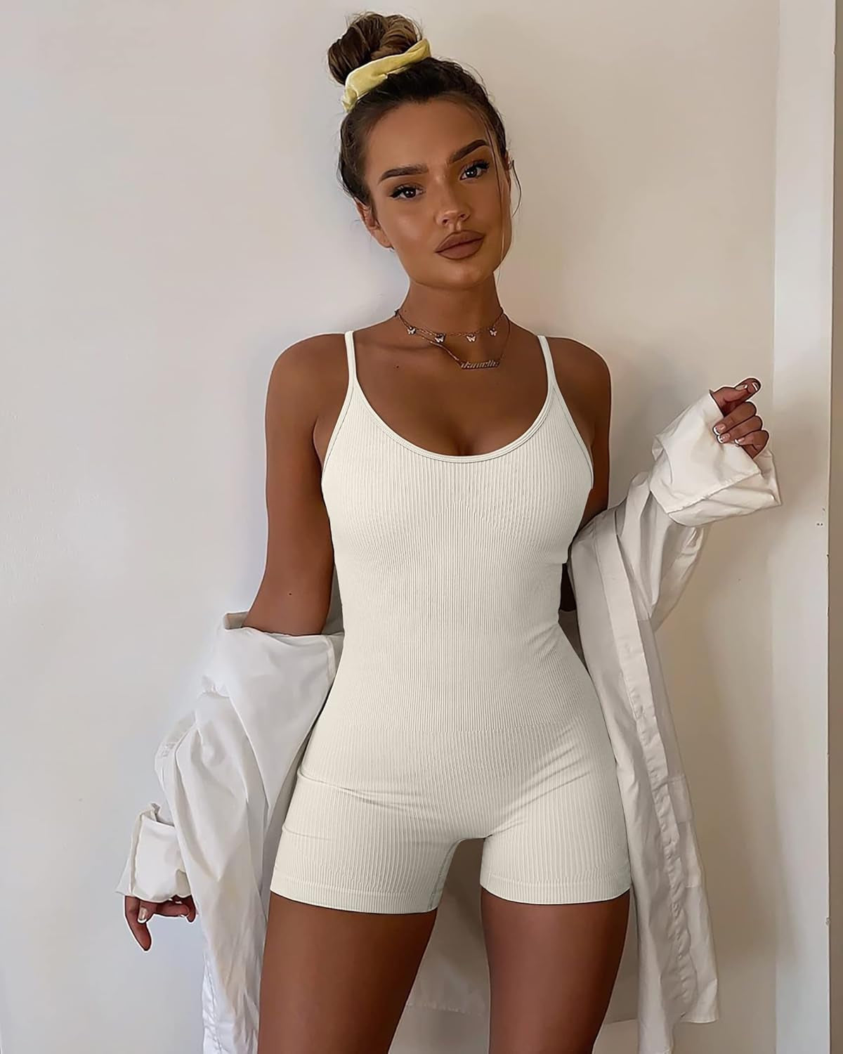 Elevate Your Workout with the YIOIOIO Seamless Yoga Jumpsuit - Stylish Ribbed Bodycon Romper with Spaghetti Straps and Shorts for Women