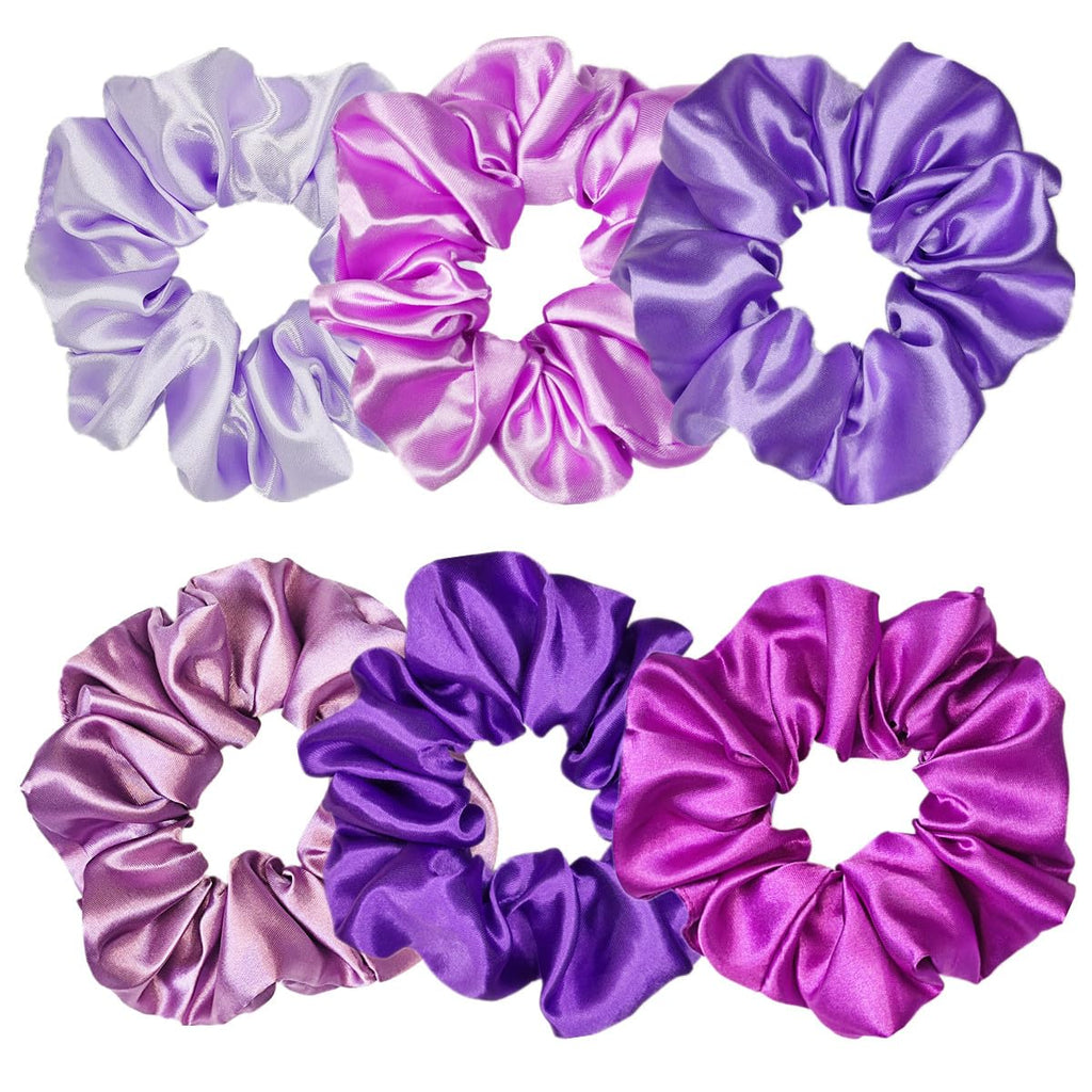 Indulge in Style with Luxurious 6 Pcs Satin Silk Hair Scrunchies - Soft, Stylish Hair Ties in Assorted Purple Shades for Women & Girls
