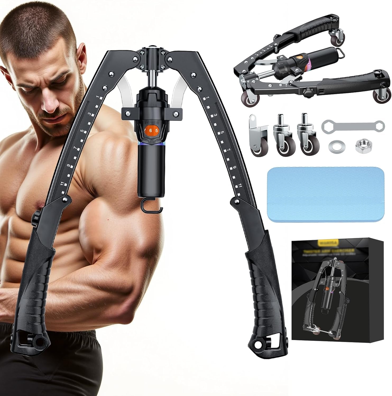 Ultimate 3-in-1 Adjustable Twister Arm Trainer – Hydraulic Resistance Workout Equipment for Full Body Fitness, Includes Ab Roller Wheels and Comfort Knee Pad