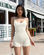 Elevate Your Workout with the YIOIOIO Seamless Yoga Jumpsuit - Stylish Ribbed Bodycon Romper with Spaghetti Straps and Shorts for Women