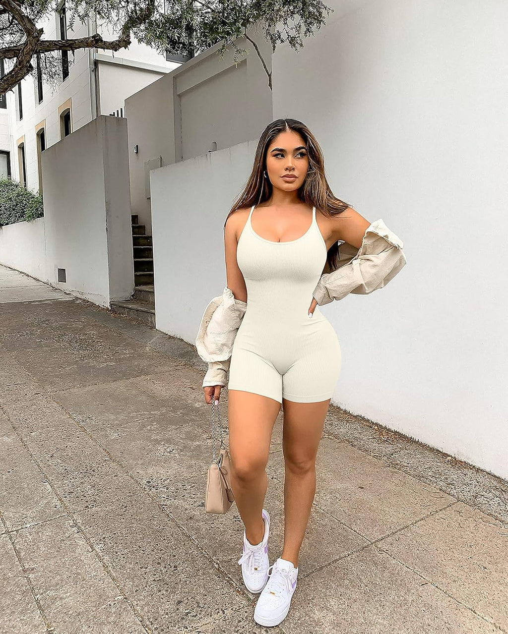 Elevate Your Workout with the YIOIOIO Seamless Yoga Jumpsuit - Stylish Ribbed Bodycon Romper with Spaghetti Straps and Shorts for Women