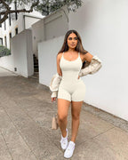 Elevate Your Workout with the YIOIOIO Seamless Yoga Jumpsuit - Stylish Ribbed Bodycon Romper with Spaghetti Straps and Shorts for Women