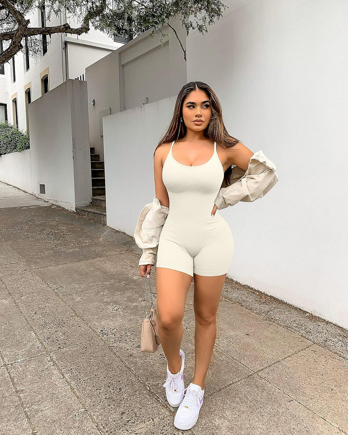 Elevate Your Workout with the YIOIOIO Seamless Yoga Jumpsuit - Stylish Ribbed Bodycon Romper with Spaghetti Straps and Shorts for Women