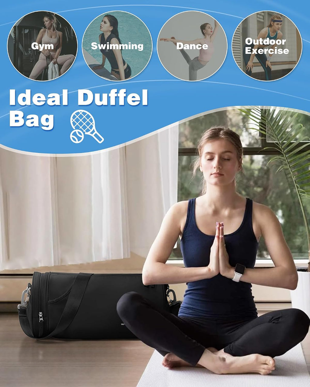 Chic Waterproof Mini Duffle Bag for Women - Ideal Small Gym Bag with Wet Pocket for Dance, Swimming, Yoga & Travel - Sleek Black Design