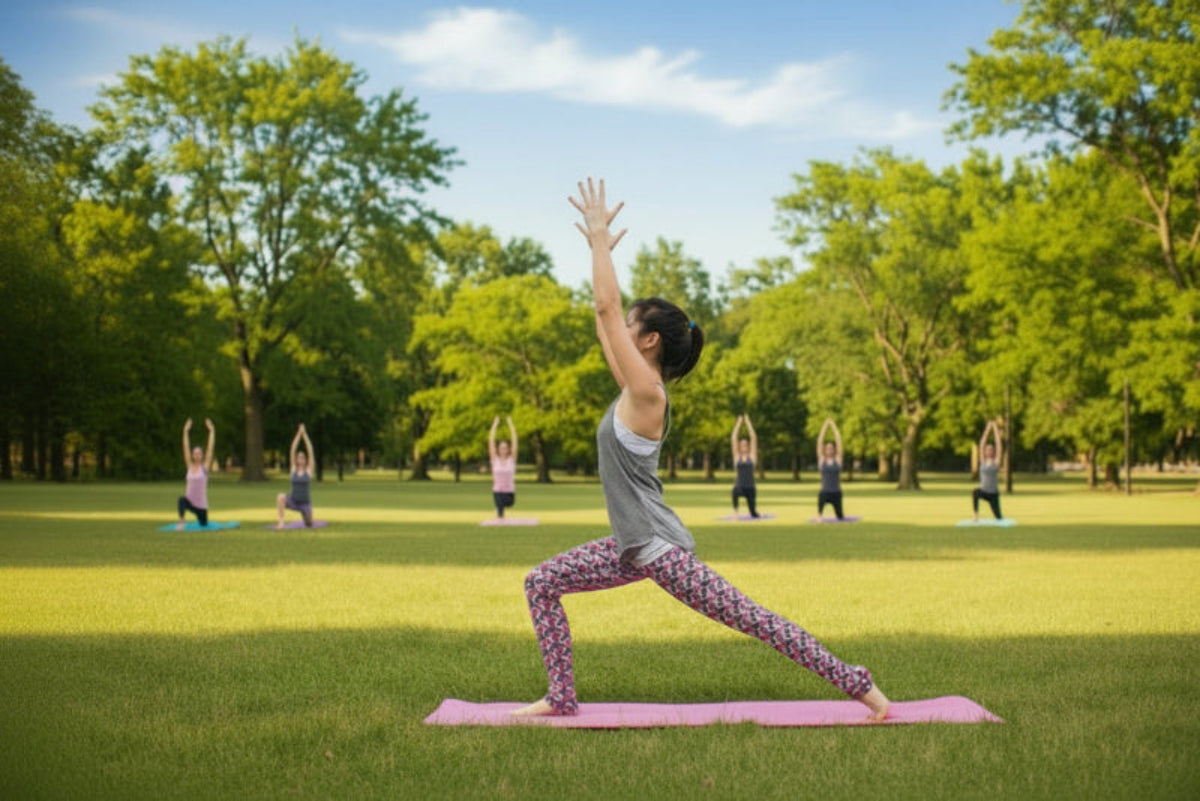 Group of people practicing yoga in a park on a sunny day